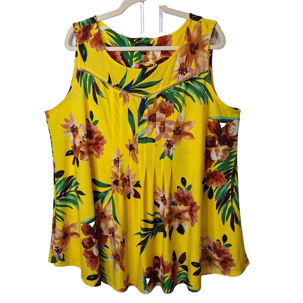 Cocomo Woman 2X Pullover Stretch Sleeveless Top Yellow Tropical Pleated Stretch